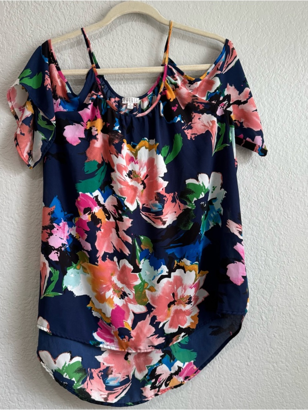 Spense Navy Floral Cold-Shoulder Blouse with Multicolor Blooms